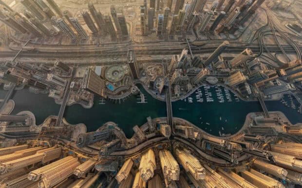 Aerial view of United Arab Emirates cityscape with high rise towers and waterways, HD Desktop Wallpaper
