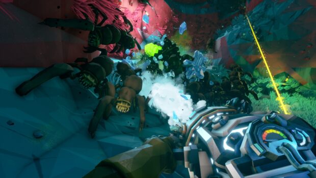 A scene from Deep Rock Galactic showing dwarves fighting hostile creatures underground, HD Desktop Wallpaper