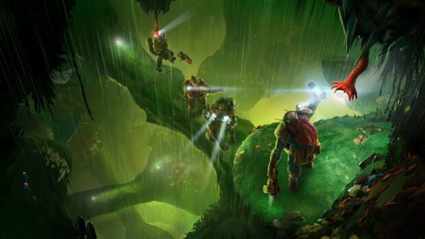 A group of dwarves explore a luminous cave while facing a creature's claw in Deep Rock Galactic, HD Desktop Wallpaper