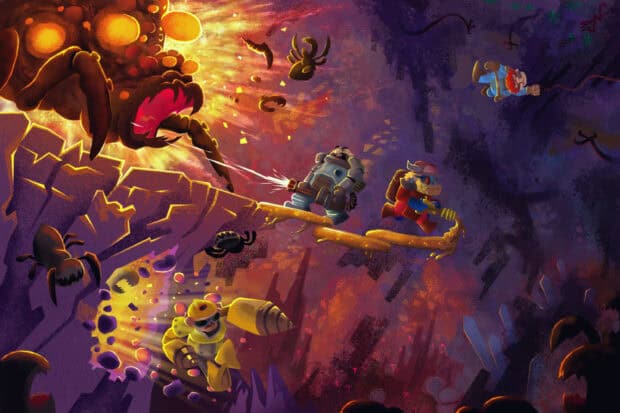 Dwarves are battling giant insect enemies in a dark cave from Deep Rock Galactic wallpapers, 2K Desktop Wallpaper
