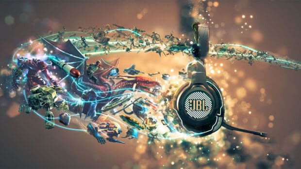 The JBL headphones showcase dynamic gaming figures swirling in vibrant motion artistry, HD Desktop Wallpaper