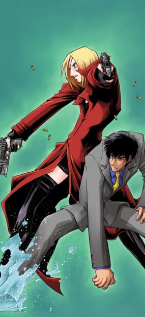 Two characters in combat with guns and energy effects in Kekkai Sensen, 2K Phone Wallpaper