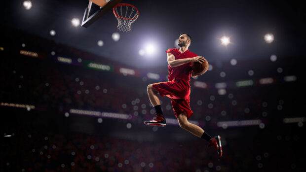 A basketball player in red uniform jumps to score a goal in a sports game, 2K Desktop Wallpaper