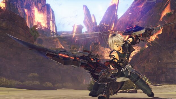 A character wields a large weapon in a volcanic canyon, HD Desktop Wallpaper