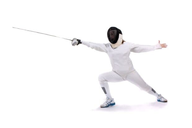 A female fencer in full gear lunges forward during a match with a foil, 2K Desktop Wallpaper