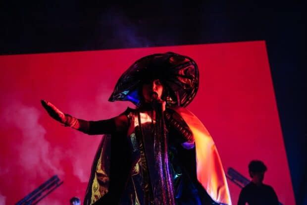 The performer wears a large hat and colorful costume during a concert, HD Desktop Wallpaper