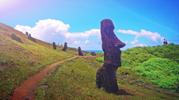 The Easter Island statues stand along a grassy trail beneath a clear blue sky with white clouds, HD Desktop Wallpaper
