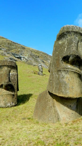 The Easter Island statues stand prominently on a grassy hillside under a clear blue sky, HD Mobile Wallpaper