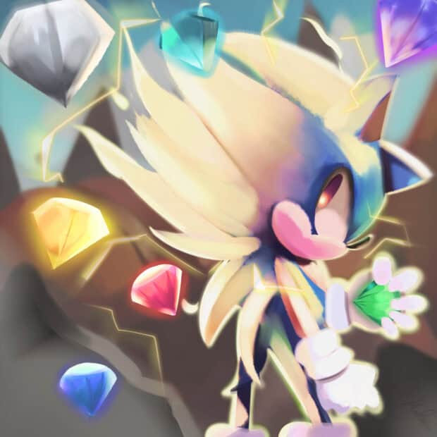 Hyper Sonic is holding a glowing green emerald in a dynamic scene, HD Desktop Wallpaper