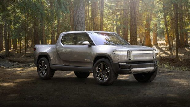 A silver electric Rivian vehicle is parked in a sunlit forest area with tall trees around, HD Desktop Wallpaper