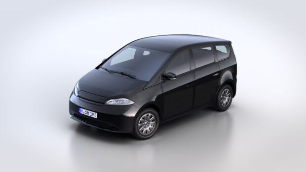 A sleek black electric Sono Motors vehicle showcased on a white background, 2K Desktop Wallpaper