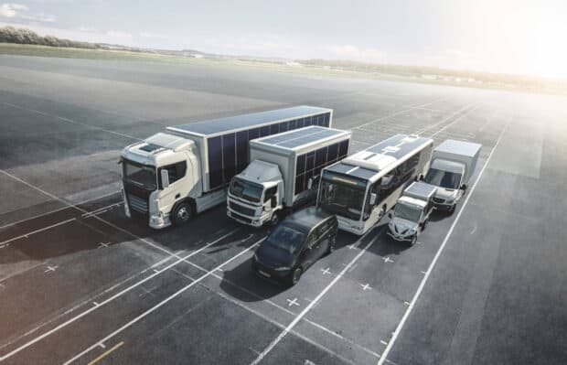 The Sono Motors lineup features various electric vehicles with solar panels on top, 2K Desktop Wallpaper