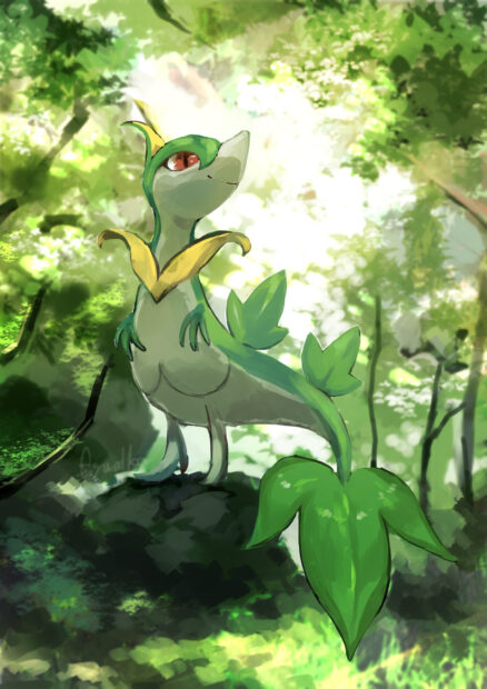 A Grass Pokemon stands proudly on a rock surrounded by vibrant forest greenery, HD Desktop Wallpaper