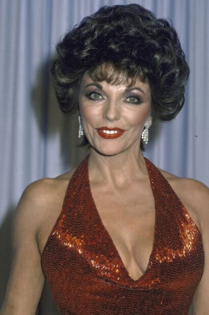 Joan Collins Wallpapers feature a close up of Joan Collins wearing sparkling earrings and a red dress, 2K Desktop Wallpaper