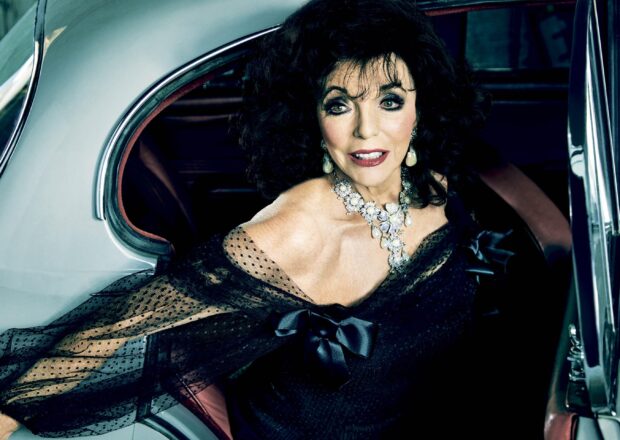 Joan Collins Wallpapers in a vintage car looking glamorous, 2K Desktop Wallpaper
