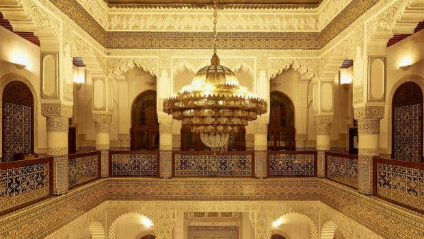The Moroccan Wallpapers show a detailed traditional room with an ornate chandelier and intricate mosaic patterns, HD Desktop Wallpaper