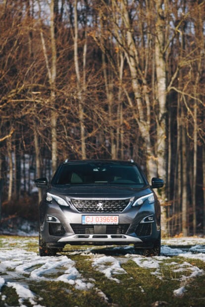 A Peugeot 5008 is parked on snowy grass near bare trees in the forest, HD Mobile Wallpaper