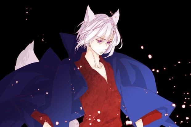 An elegant anime fox spirit character is depicted with Kamisama Wallpapers in detailed vibrant colors, 2K Desktop Wallpaper
