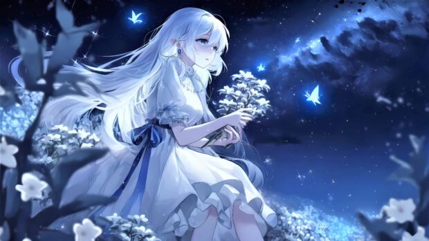 A cool girly wallpaper showing a serene girl with white hair holding flowers under a starry night, 4K Desktop Wallpaper