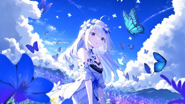 A cool girly wallpapers featuring a girl surrounded by blue butterflies and flowers, 4K Desktop Wallpaper