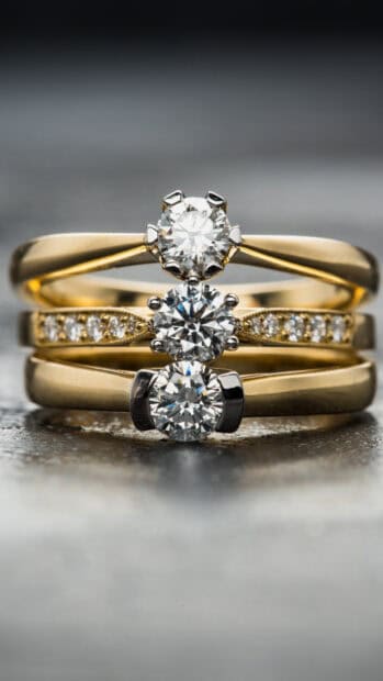 Three gold rings feature sparkling diamonds in a detailed close up, HD Mobile Wallpaper