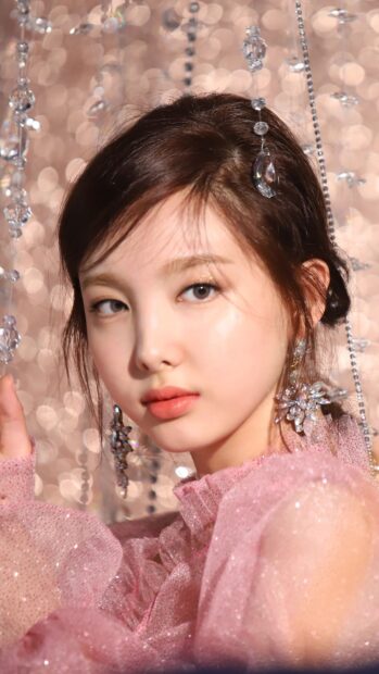 A close up of Nayeon wearing a pink sparkling dress with crystal decorations, HD Mobile Wallpaper