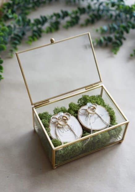 Two wedding rings displayed on wooden discs with greenery inside a glass box, HD Mobile Wallpaper