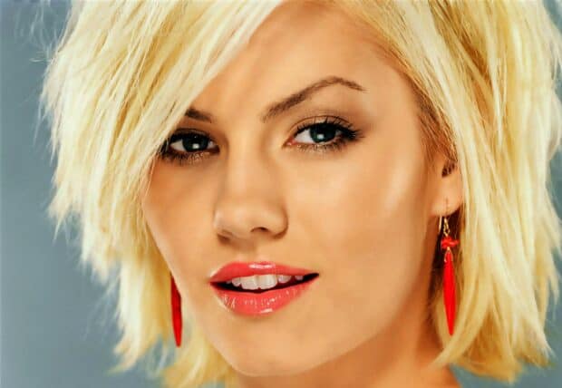 Elisha Cuthbert close up portrait with red earrings and glossy lips, HD Desktop Wallpaper