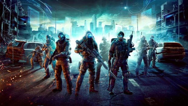 A group of elite shooter game characters stands ready for battle in a futuristic urban setting, HD Desktop Wallpaper