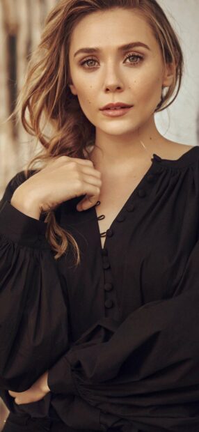 Elizabeth Olsen wallpapers shows a woman with wavy hair wearing a black buttoned dress, HD Phone Wallpaper