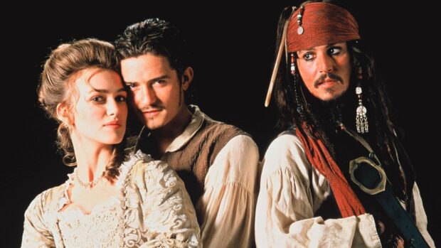 Elizabeth Swann and two male characters from Pirates of the Caribbean pose together, HD Desktop Wallpaper
