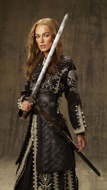 Elizabeth Swann in detailed pirate attire holding a sword confidently, 2K Mobile Wallpaper