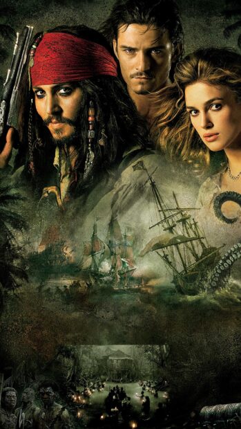 Elizabeth Swann stands with pirates and a ship battle, 2K Mobile Wallpaper