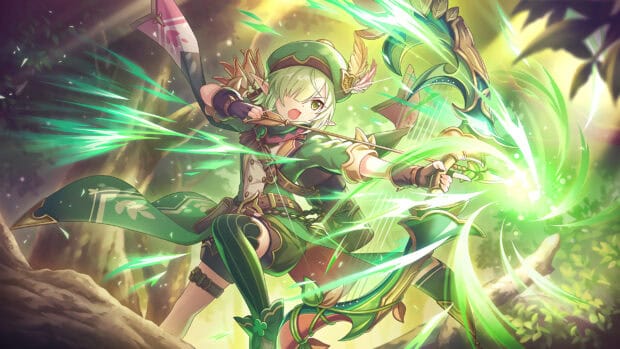 An elven archer from Princess Connect Re Dive anime uses magical green energy while shooting an arrow, 2K Desktop Wallpaper