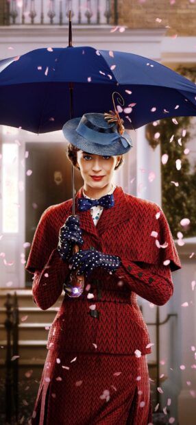 Emily Blunt is wearing a red herringbone coat and holding a blue umbrella with petals falling around, HD Phone Wallpaper