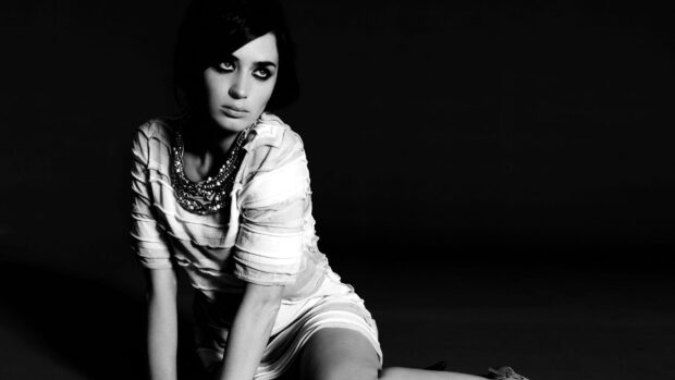 A black and white portrait of a woman sitting wearing a striped dress, HD Desktop Wallpaper