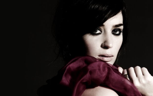 Emily Blunt wears a deep burgundy fabric and looks intensely at the camera, HD Desktop Wallpaper