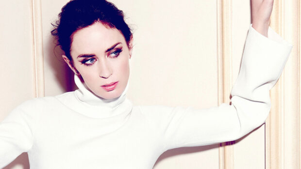 Emily Blunt wallpapers featuring her in a white turtleneck against a light background, HD Desktop Wallpaper