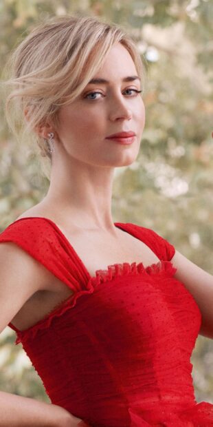 Emily Blunt is wearing a red dress posing gracefully, HD Phone Wallpaper
