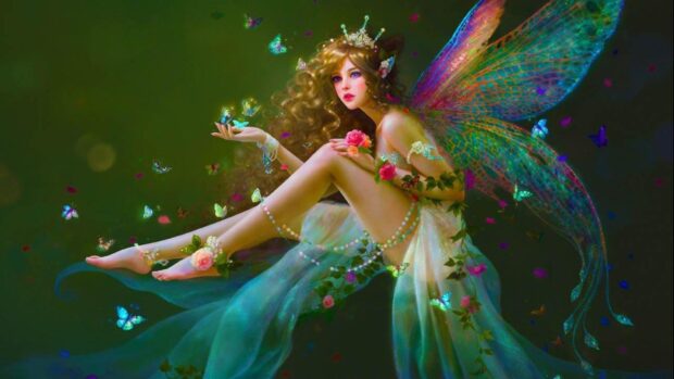 A beautiful faerie surrounded by glowing butterflies and flowers, HD Desktop Wallpaper