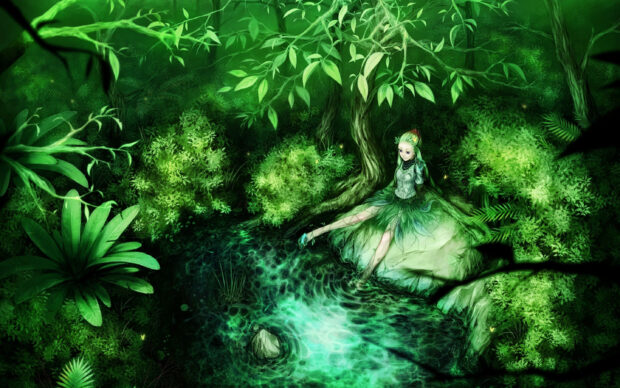 A fairy in a green forest sits by a glowing pond beneath the trees, 2K Desktop Wallpaper
