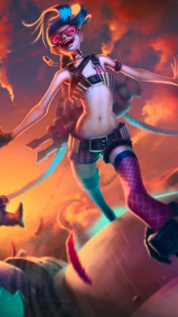 A dynamic scene featuring Jinx in colorful attire against a fiery sky, 4K Mobile Wallpaper