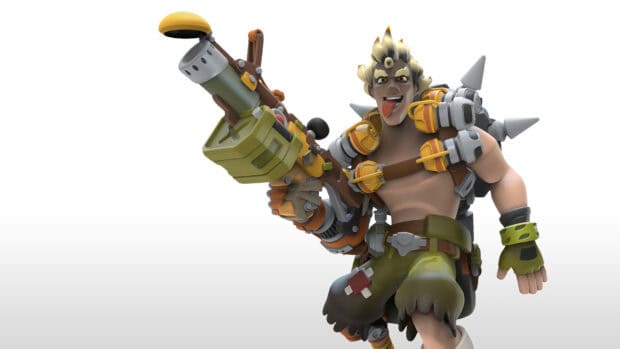Junkrat character with a grenade launcher is posing dynamically, HD Desktop Wallpaper