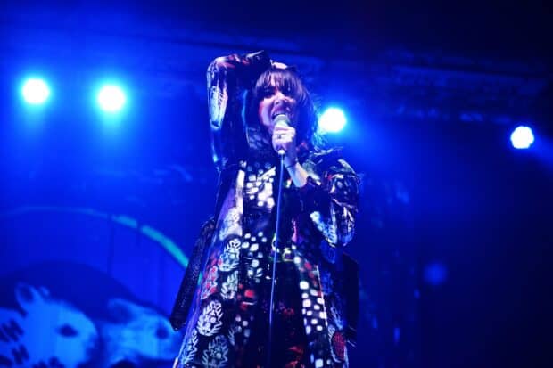 A lead singer of Yeah Yeah Yeahs passionately sings on stage under blue lights, 2K Desktop Wallpaper