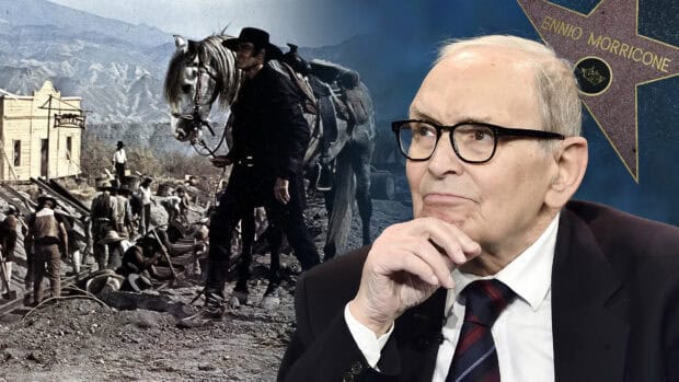 Ennio Morricone is pictured with a western movie scene and his star on the walk of fame, 4K Desktop Wallpaper