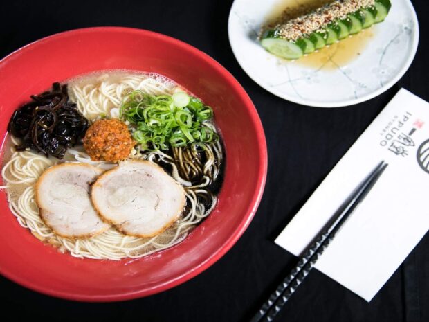 A bowl of ramen with enoki mushrooms and sliced pork is served with cucumber salad, HD Desktop Wallpaper