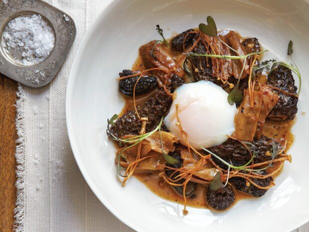 A close up of enoki mushrooms served with a poached egg and herbs on a white plate, HD Desktop Wallpaper