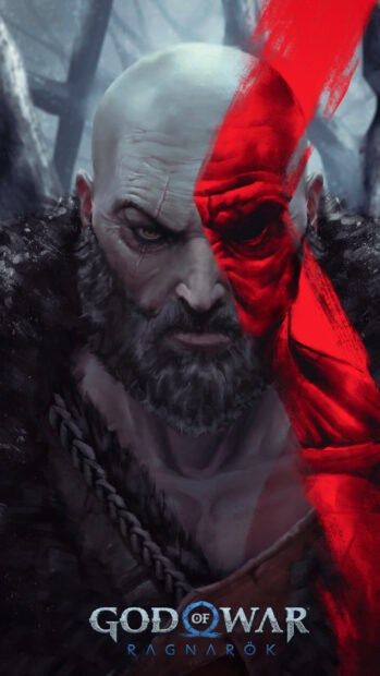 A detailed illustration shows the intense face and fur cloak of a warrior from God of War Ragnarok wallpapers, HD Mobile Wallpaper