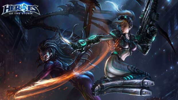 Two powerful characters face off in intense combat using advanced weapons and abilities, HD Desktop Wallpaper