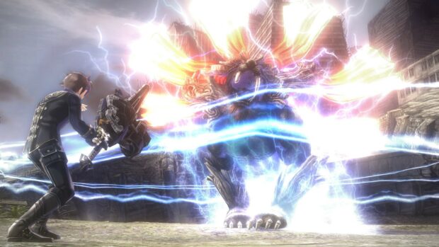 A character wields a weapon attacking a large glowing monster in God Eater game, HD Desktop Wallpaper